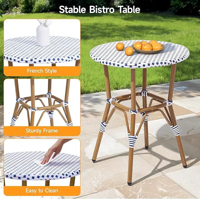 3 Piece French Wicker Bistro Set, Patio Bistro Set with Table and 2 Dining Chairs, All Weather ‎Outdoor ‎Bistro Set with Aluminum Frame, Outdoor Patio Set for Patio Porch Cafes Yard, Navy and White by GreenHaven Gardens