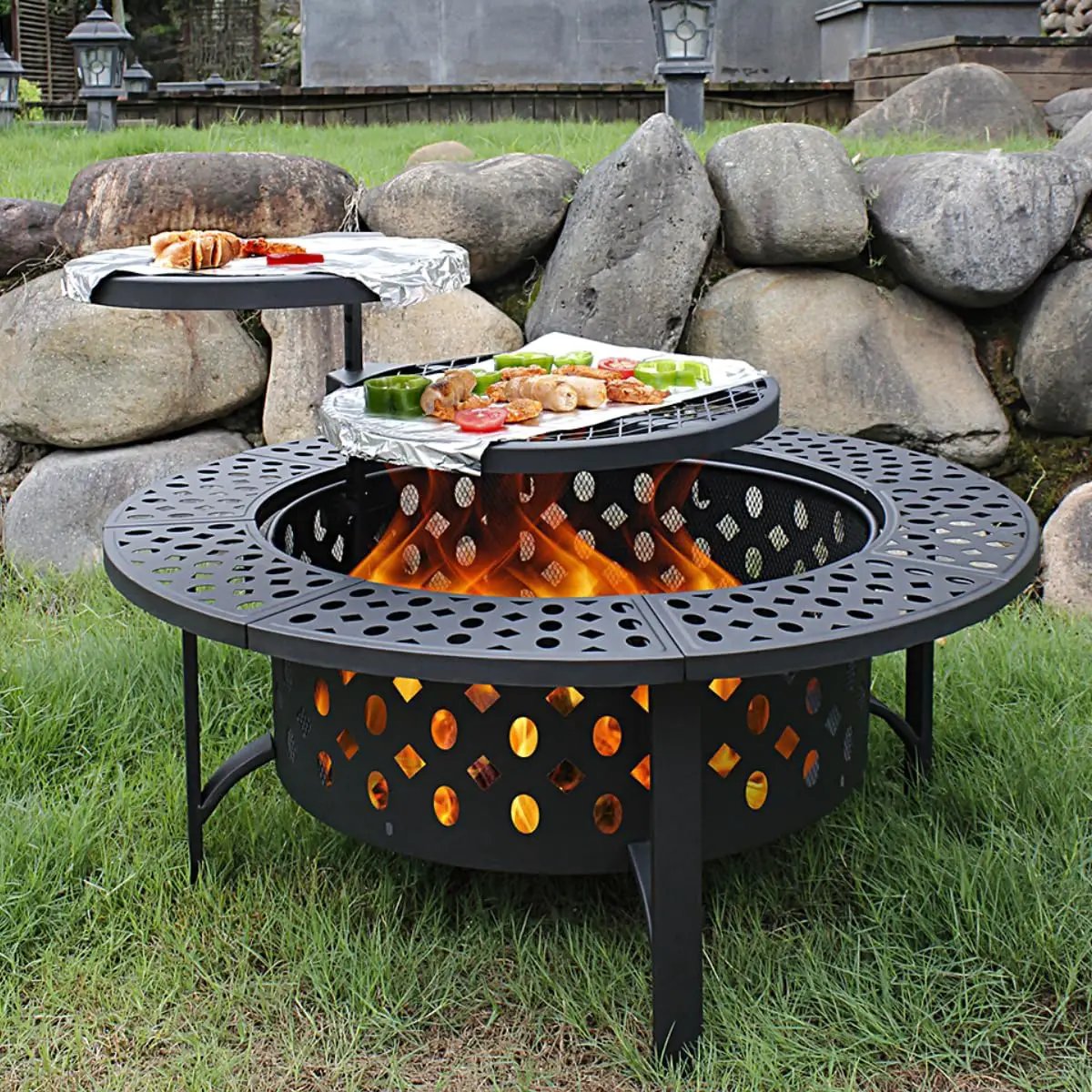 36 Inch Fire Pit with 2 Grills, Wood Burning Fire Pits for Outside with Lid, Poker and Round Waterproof Cover, BBQ& Outdoor Firepit & Round Metal Table 3 in 1 for Patio, Picnic, Party by GreenHaven Gardens