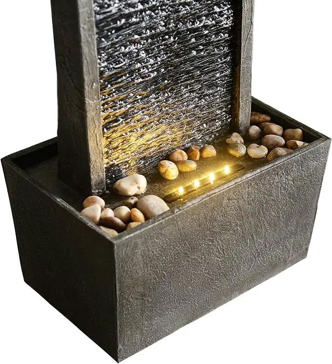 Teamson Home 38.5" Faux Slate Contemporary Outdoor LED Waterfall Fountain with Pebble Base, Gray/Black by GreenHaven Gardens