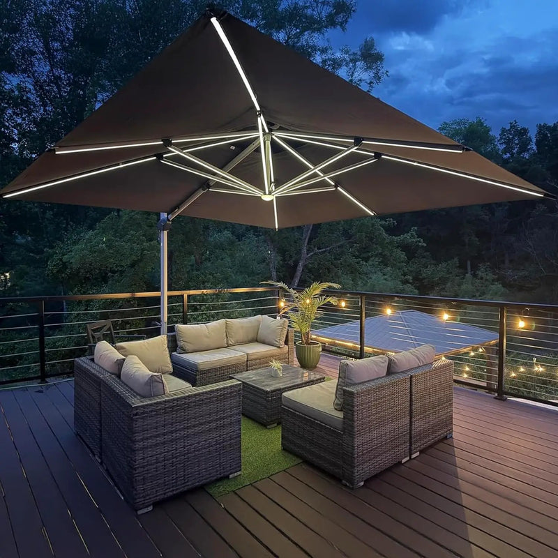 PURPLE LEAF 9' X 12' Solar Powered LED Patio Large Umbrella Offset Double Top Hanging Umbrella Outdoor Market Umbrella for Garden, Slate Gray by GreenHaven Gardens