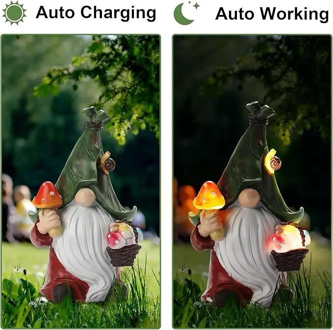 Mushroom-Picking Gnome Solar Garden Statue with 3 LED Lights, Set with 1 Gnome and 2 Small Mushroom, Lovely Garden Gnome Set for Patio, Yard, Lawn Ornament, Outdoor Decor by GreenHaven Gardens
