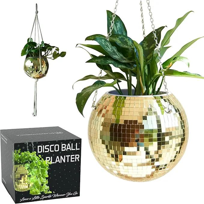 SCANDINORDICA Disco Ball Planter – Value Package: Mirror Disco Planter with Chain, Macrame Hanger and Acrylic Stand for Desk, Includes Self Watering Pot, Plant Accessories | 10 inch Gold by GreenHaven Gardens