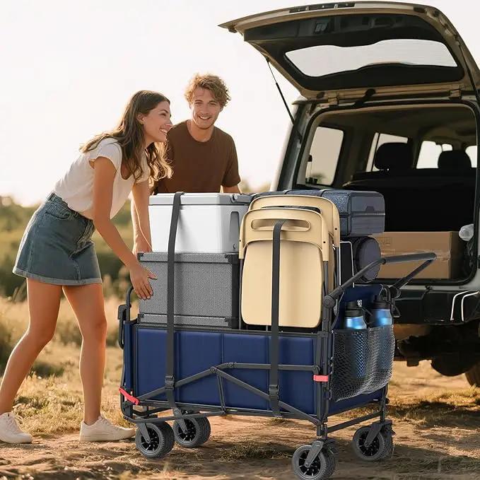 LEVELEVE Heavy Duty Folding Wagon - 2-in-1 Collapsible Cart, 650lb Capacity, All-Terrain Wheels w/Brakes & Side Pockets (Blue) by GreenHaven Gardens