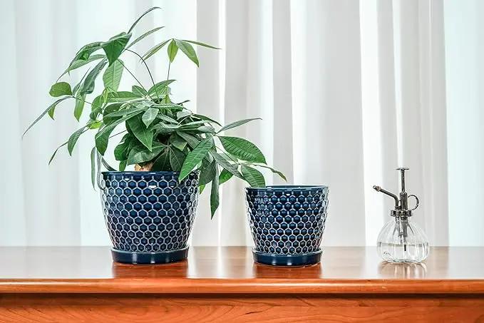 Docrin Ceramic Plant Pots Indoor, 6.6 + 5.5 Inch Planters with Drainage Holes and Saucer for Home/Office - Set of 2 /Blue Honeycomb by GreenHaven Gardens