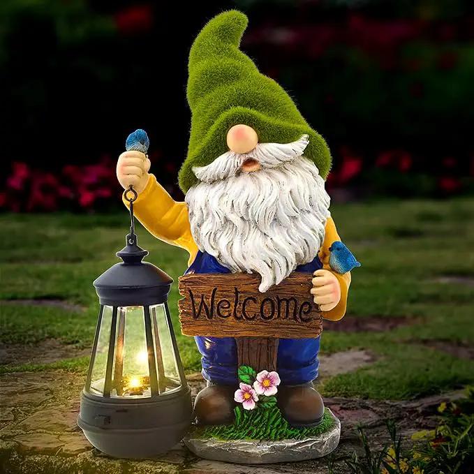 Garden Gnomes Outdoor - Flocked Gnome Statue Holding Lantern with Solar LED Lights | Gnomes Garden Decorations for Patio, Yard, Lawn Ornaments - Gnome Gifts by GreenHaven Gardens