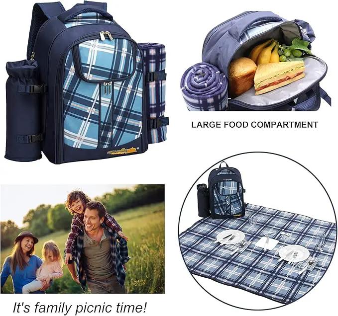 Apollo walker Picnic Backpack Set for 4 with Cooler Compartment,Detachable Bottle/Wine Holder Including Large Picnic Blanket(45"x 53") for Picnic Family and Lovers Gifts,Outdoor,BBQ Time (Blue) by GreenHaven Gardens