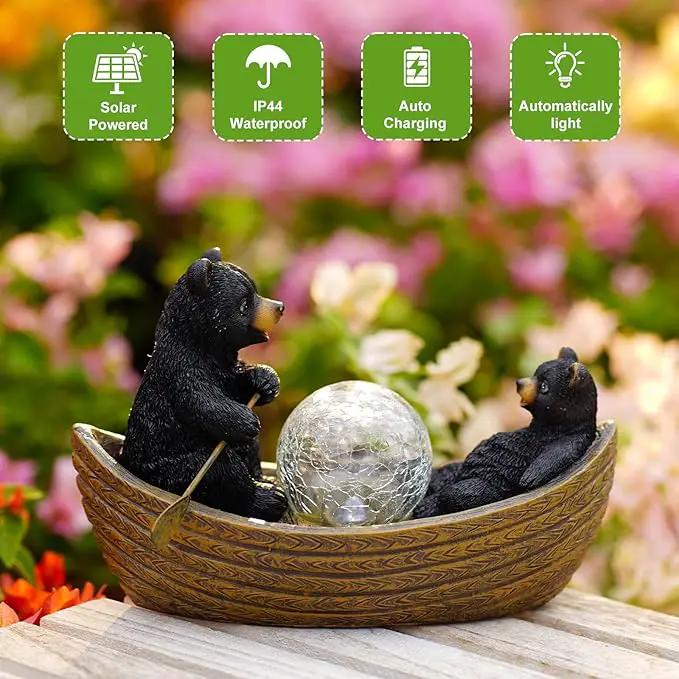 Solar Bears Boating Statues with Cracked Glass LED Lights – Funny Resin Bear Decor Garden Decorations for Patio,Balcony,Yard,Birthday Gifts for Women Mom by GreenHaven Gardens