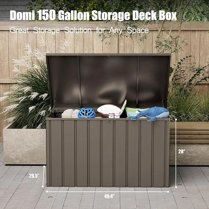 Domi Deck Box 150 Gallon, Waterproof Lockable Steel Outdoor Storage Container for Outside Cushions, Garden Tools and Pools Equipment, Brown by GreenHaven Gardens
