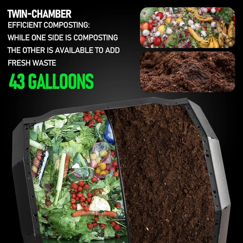 Hourleey Compost Bin Outdoor, 43 Gallon Dual Chamber Tumbling Composting Bin with Sliding Doors, Tumbler Rotating Batch Composter Bin for Garden Kitchen Yard by GreenHaven Gardens