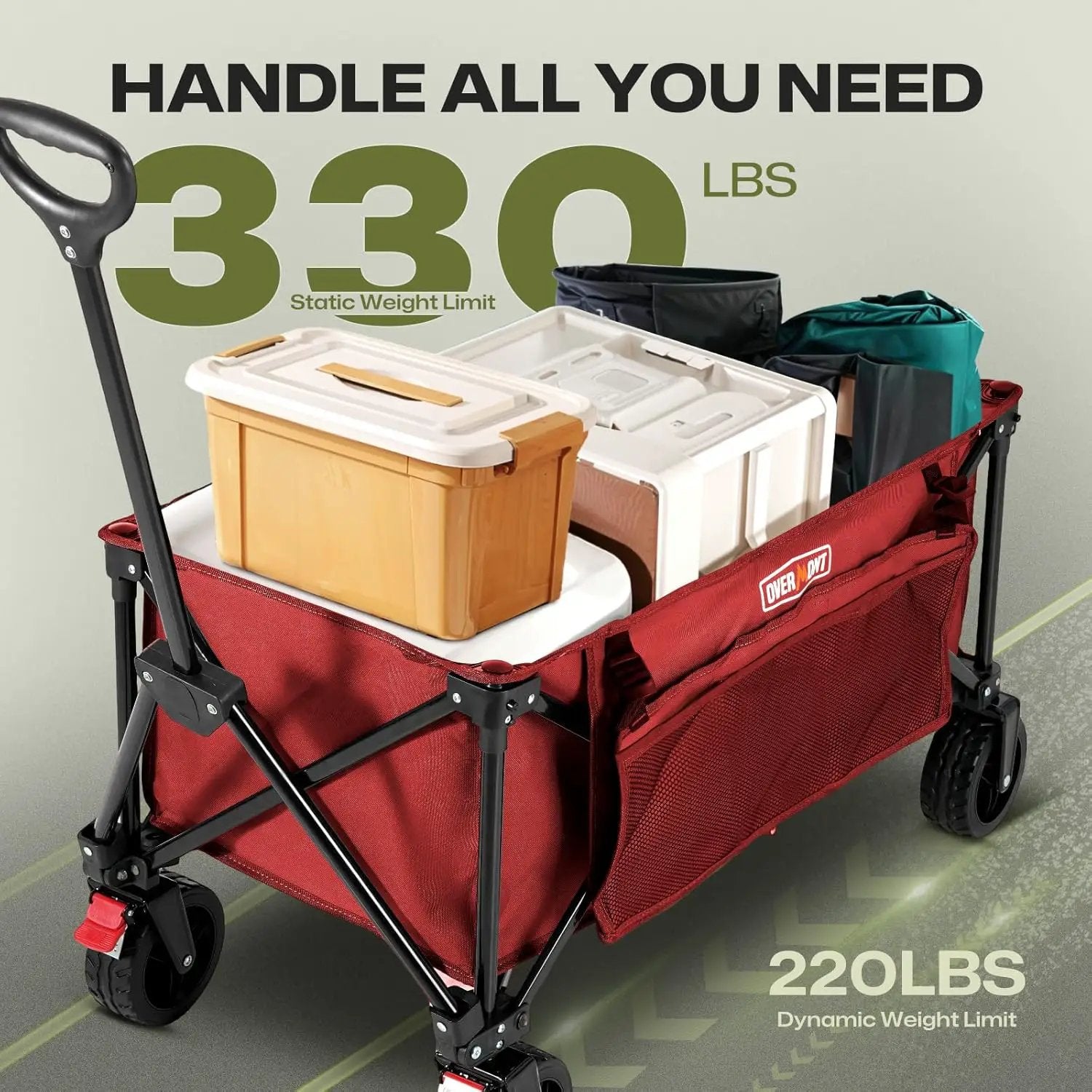 Overmont Collapsible Wagon Cart with Wheels - 180L Foldable Heavy Duty Wagon with Big All-Terrain Wheels - 330Lbs Weight Capacity with Side Pockets for Camping Sports Garden Grocery Shopping red by GreenHaven Gardens