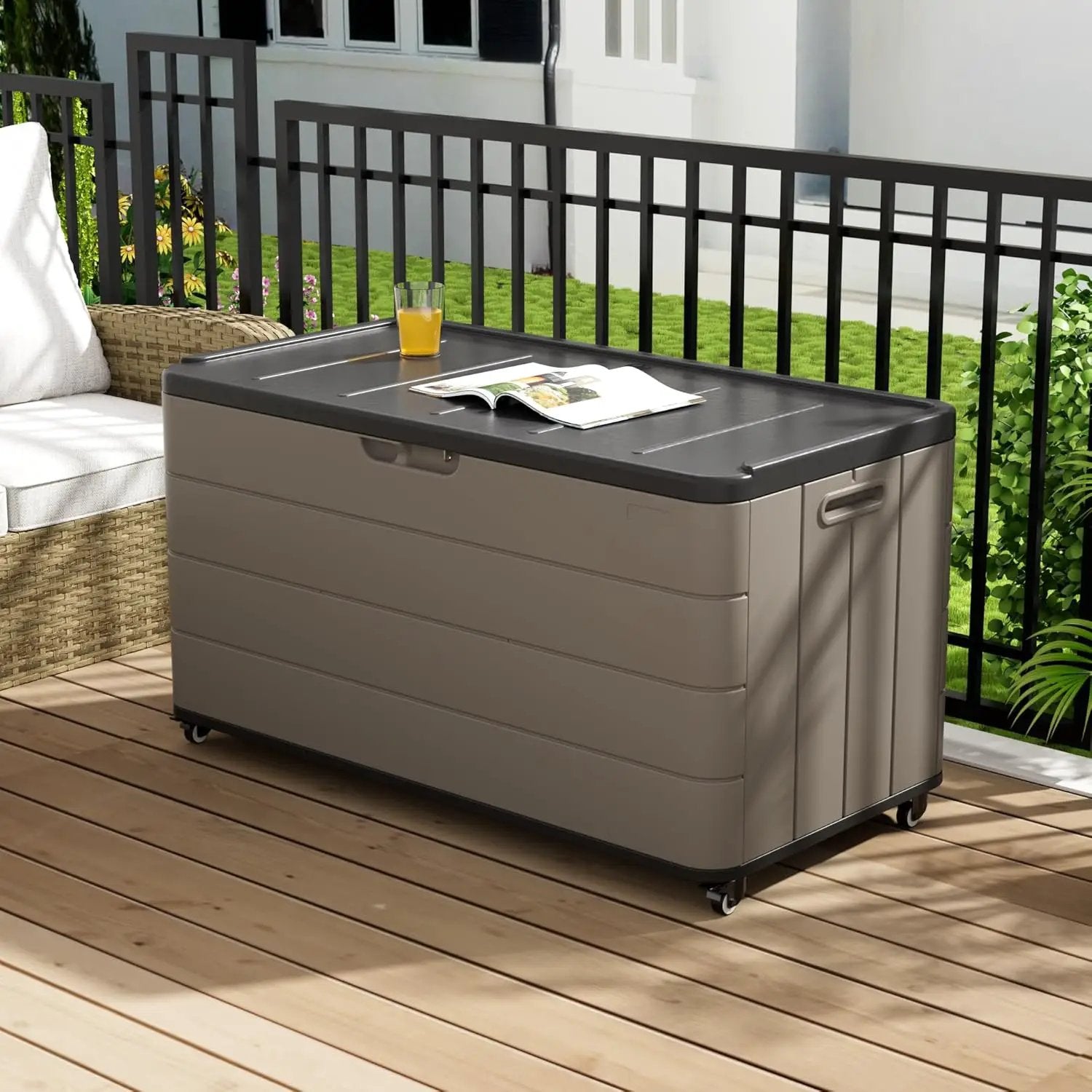 100GAL Brown Wicker-Textured Deck Box with Wheels – Lockable, Waterproof, UV-Resistant, Spacious Storage for Patio & Garden Supplies, Easy Handling by GreenHaven Gardens
