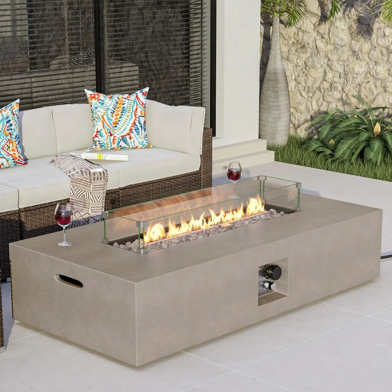 COSIEST Outdoor Propane Fire Pit Table, 56-inch x 28-inch Rectangle Gray Concrete-Like Finish, CSA Certified, 50,000 BTU Stainless Steel Burner w Transparent Gray Fire Glass, Wind Guard, Raincover by GreenHaven Gardens