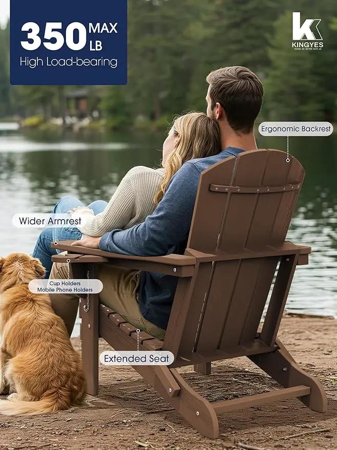 KINGYES Folding Adirondack Chair Set of 4, Dual Cup Holders & All-Weather HDPE, Wood-Like Patio Chair for Backyard, Camping, Pool & Fire Pit, Brown by GreenHaven Gardens