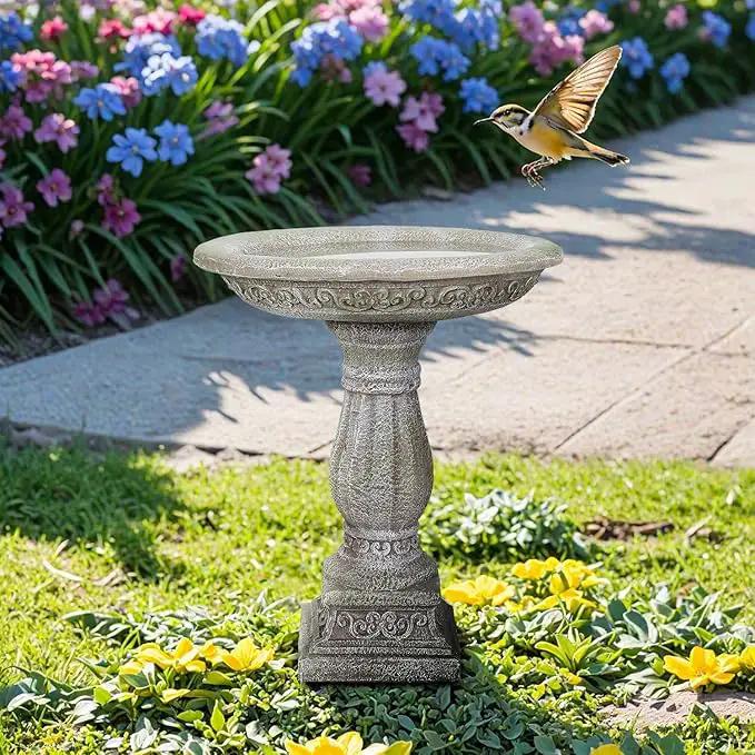 SunJet 23.8” H x 20” Dia Outdoor Birdbath with Exquisite Carvings Pedestal - Fibre Reinforced Concrete Birdbaths, Neoclassical Style Design for Garden Decor & Bird Attraction by GreenHaven Gardens