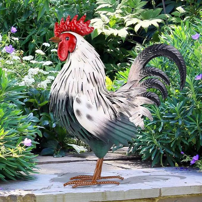 Rooster Garden Statue Sculpture Metal Chicken Yard Decor Outdoor Figurines Patio Backyard Decoration by GreenHaven Gardens