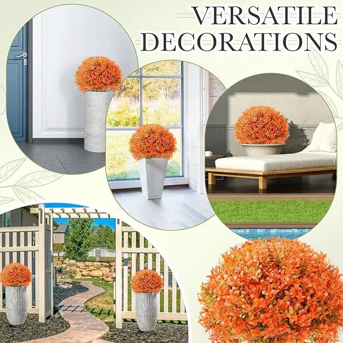 Yunlly 4 Pack 18" Artificial Boxwood Ball Bush Topiary Trees Fake Outdoor Plants, Realistic UV Resistance Faux Shrubs with Spike Greenery Topiary for Front Porch Garden Yard Patio Indoor (Orange) by GreenHaven Gardens