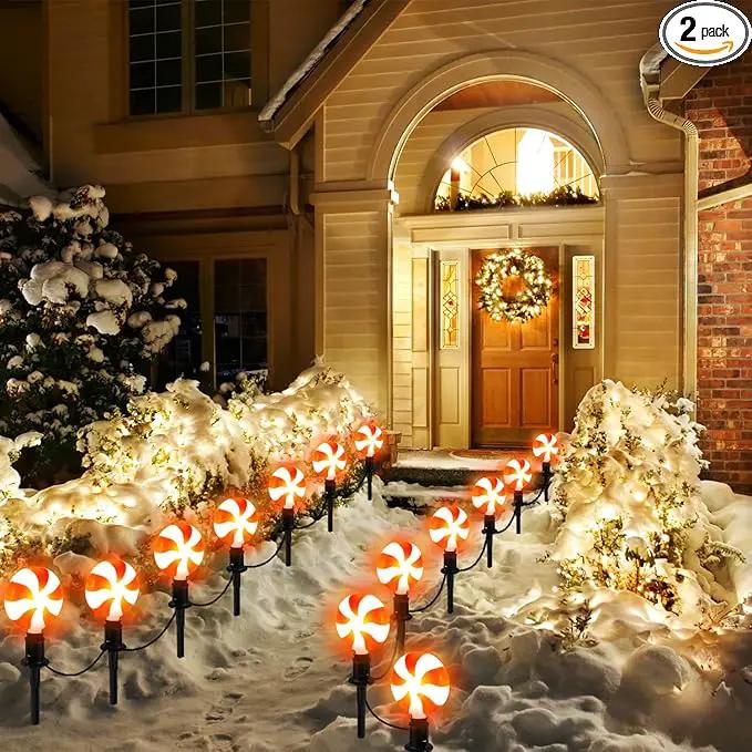 Joiedomi Set of 14 Christmas Lollipop Pathway Lights Outdoor with Stakes and Clips, 14.3 FT Plug in Peppermint Walkway String Lights for Christmas Decoration, Yard, Pluggable, Hangable, Waterproof by GreenHaven Gardens