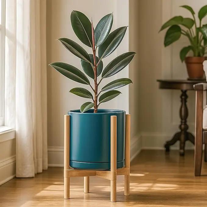 D'vine Dev Ceramic Planter with Natural Stand - 12 Inch Modern Round Flower Pot with Wood Planter Holder, Teal, 55-B-J-4 by GreenHaven Gardens