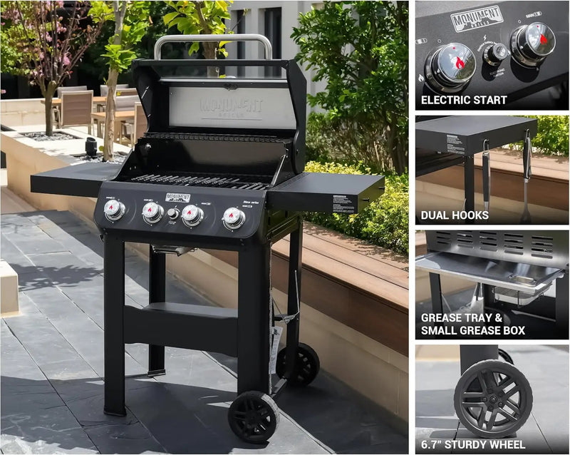 Monument Grills 4-Burner Liquid Propane Gas Grill, Matte Black Stainless Steel Burner Grill with Clearview® Lid, One Foldable Shelf for Outdoor Cooking Kitchen Patio Backyard, Mesa420MF with BBQ Cover by GreenHaven Gardens
