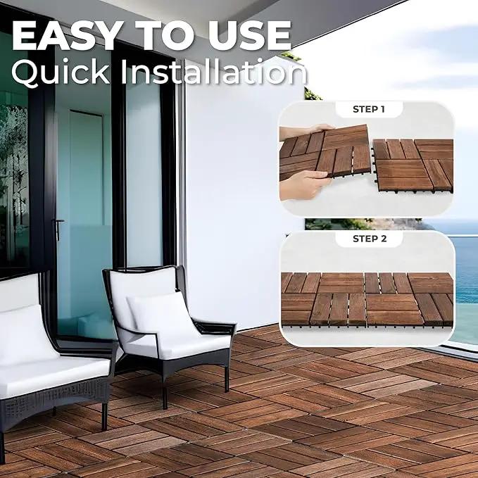 Pack of 10 Deck Tiles - 12"x12" Interlocking Natural Solid Acacia Wood for Outdoor & Indoor, Patio Garden, Balcony, Poolside - Dark Brown Color by GreenHaven Gardens
