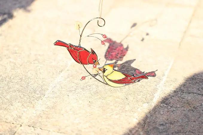 Cardinal Stained Glass Suncatchers for Windows Hanging Decorative,Couple Red Love Birds Sun Catchers for Christmas Ornaments,Real Stained Glass Cardinal Memorial Gifts for Women/Mom by GreenHaven Gardens