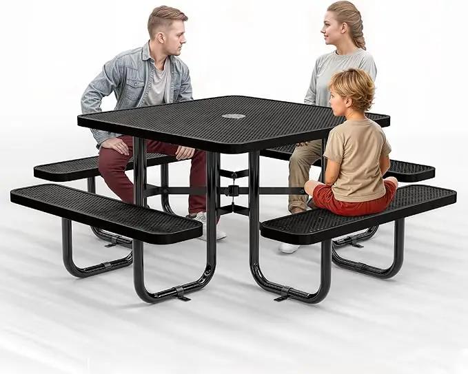 Metal Picnic Tables for Outdoors with Umbrella Hole - Coated Steel Heavy Duty Commercial Grade Table with Adjustable Seats (Black, 46 in, Square, Punched Steel) by GreenHaven Gardens