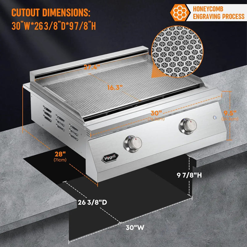 Hygrill 30-Inch Premium Built-In Liquid Propane Griddle for Outdoor Kitchen, Durable Stainless Steel 2-Burner Flat Top Grill with Lid and LED lights, 36000 BTUs by GreenHaven Gardens