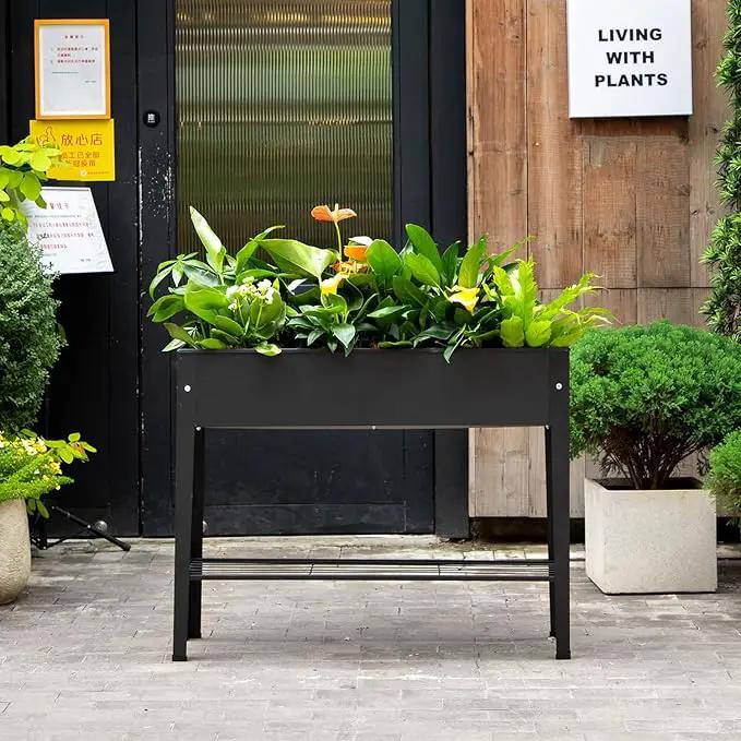 Piksedo Raised Garden Bed, Elevated Planter Metal Plant Box with Legs Standing Garden Stand Drainage Holes Frosted Black by GreenHaven Gardens