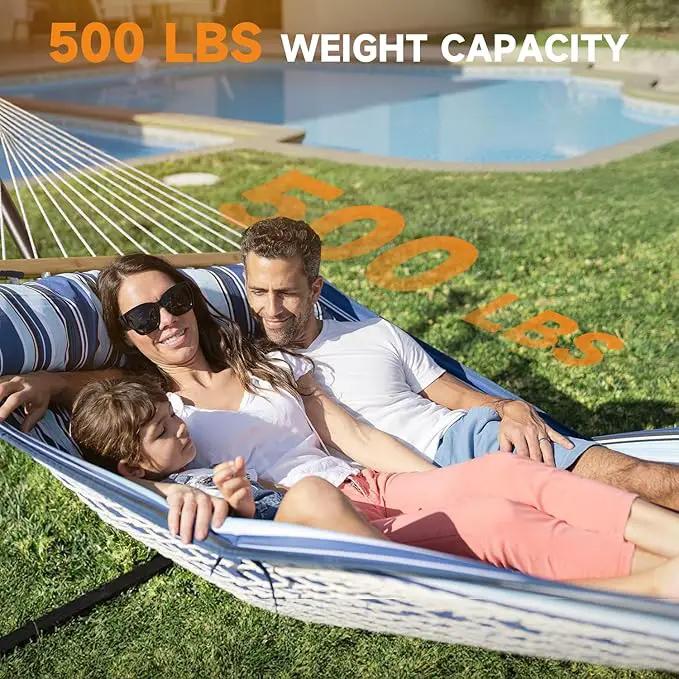 2 Person Outdoor Hammock with Stand, Cotton Rope Hammock with Polyester Pad, Adjustable Steel Frame, Portable with Carrying Bag – for Patio, Backyard, Garden, Beach, Blue by GreenHaven Gardens