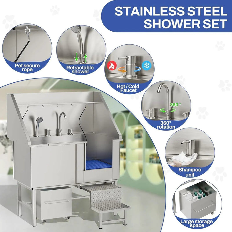 Stainless Steel Dog Washing Station With Seamless Design And Accessories - Silver by HouseOfZazla