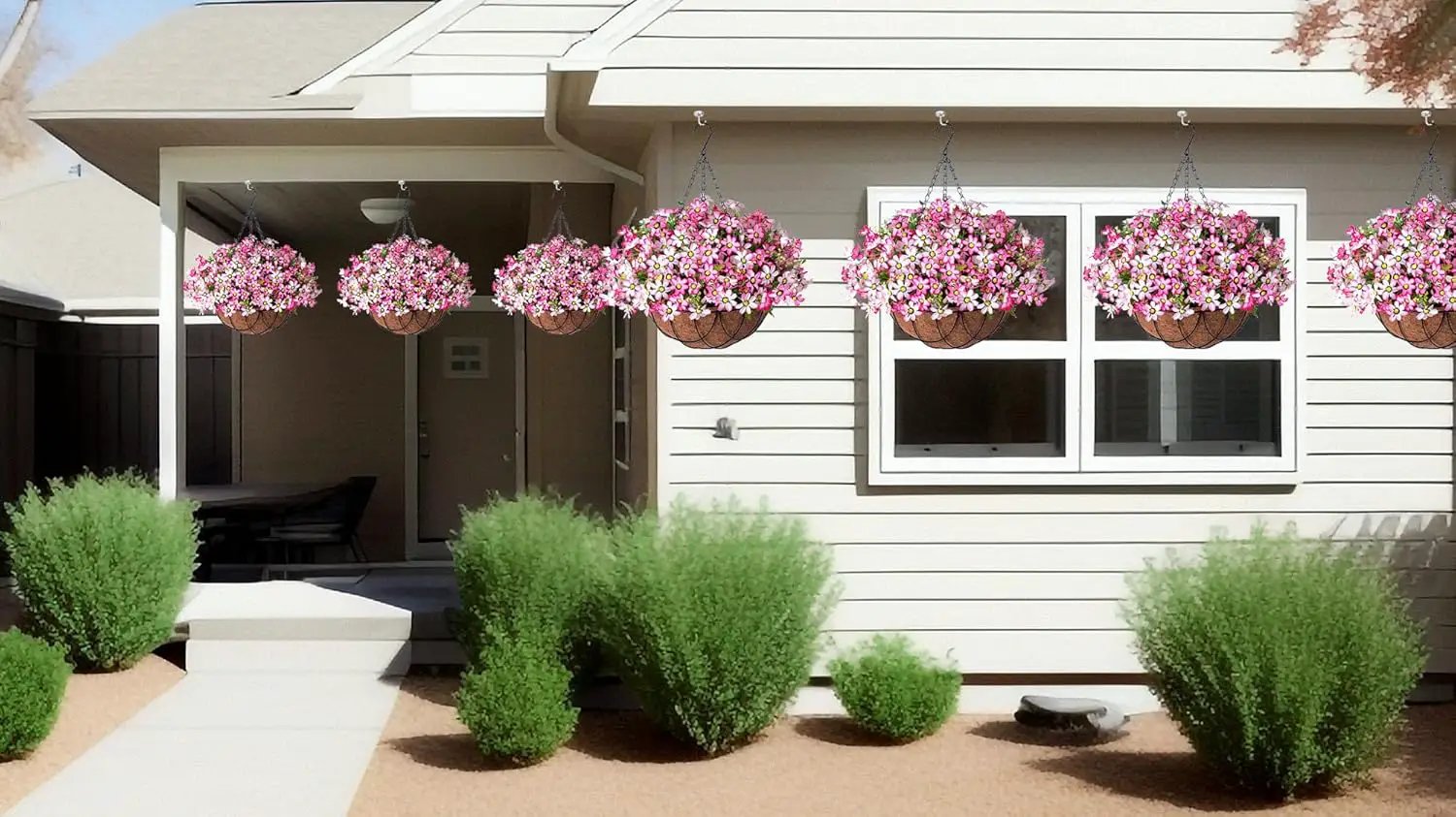 Artificial Silk Flowers Hanging Baskets Outdoors Indoors,Chrysanthemum with Eucalyptus Leaves Arrangement for Garden Yard Spring Summer Decor,Faux Plant in Metal Coconut Lining Flowerpot(Pink) by GreenHaven Gardens