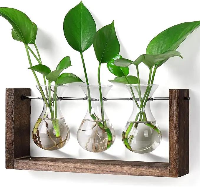 YIBOT Wall Hanging Planter Propagation Station, Plant Terrarium with Wooden Stand, Hydroponics Plants Home Office Living Room Decor Gift-3 Bulb Glass Vases by GreenHaven Gardens