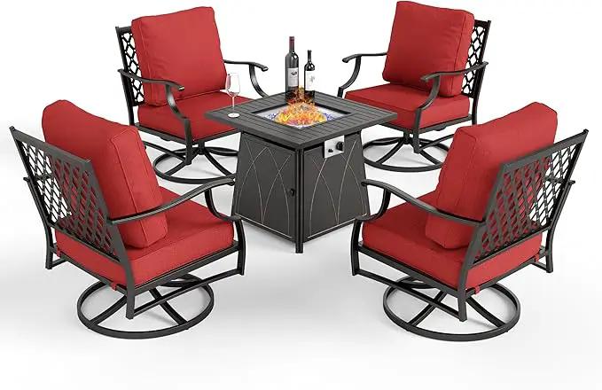 Patio Furniture Set with Fire Pit Table, 5 Pcs Metal Outdoor Conversation Set, 4 Swivel Chairs with 5.75" Extra Thick Cushion and 28" Fire Pit Table for Backyard Deck, Red by GreenHaven Gardens