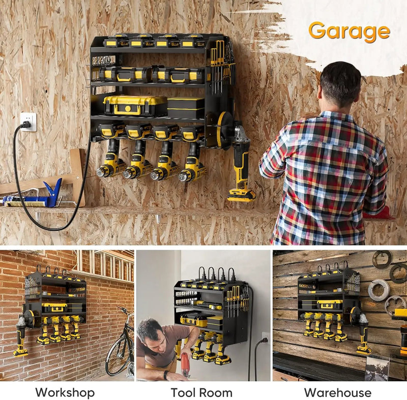 Power Tool Organizer Wall Mount with Charging Station,Tool Storage Rack with 8 Outlet Power Strip,Heavy Duty Metal Battery Utility Rack with 4 Cordless Drill Holder 6.56 Ft Cord for Garage by GreenHaven Gardens