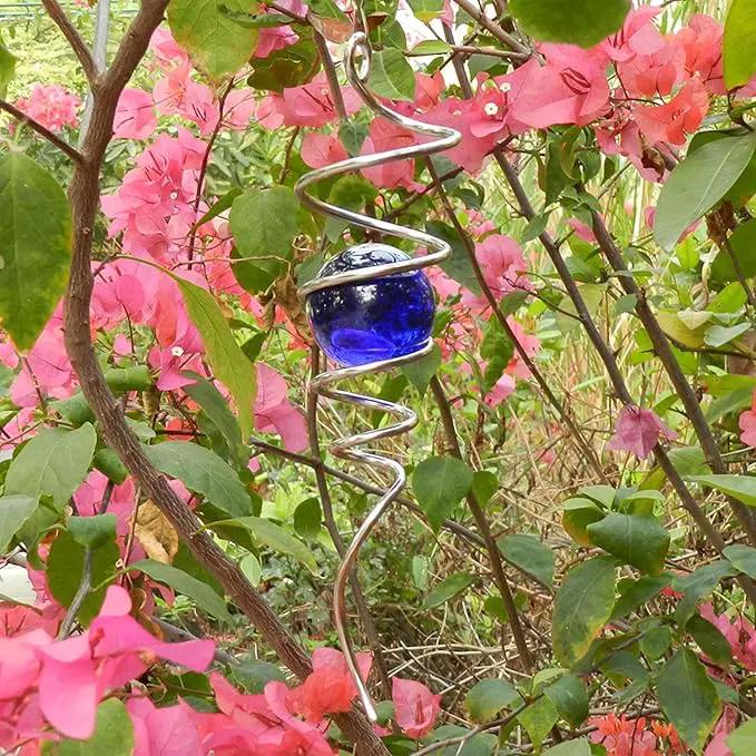 FONMY Gazing Ball Spiral Tail -Decorative Wind Spinner 11" inch Tail and 2" inch Blue Glass Orb. Indoor Outdoor Garden Decoration -13 inch Height by GreenHaven Gardens
