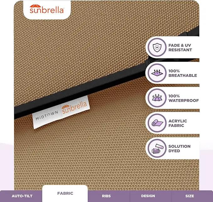 Midtown Umbrellas Sunbrella Umbrella 8 Feet Outdoor Umbrella With Sunbrella Heather Tan Acrylic Fabric - Auto-Tilt Aluminum Frame Patio Umbrella For Backyard, Deck, Garden, Pool - Black Pole by GreenHaven Gardens