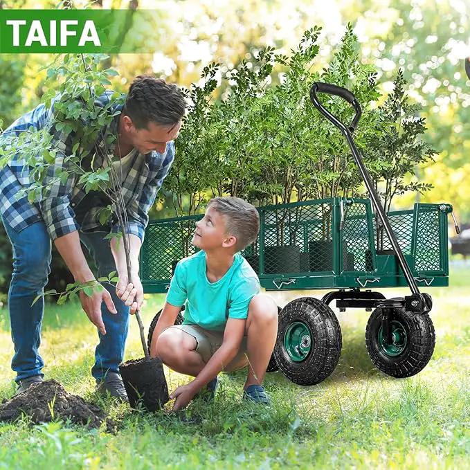 TAIFA Heavy Duty Steel Garden Cart 880 Lbs Capacity with Removable Sides for Yard Lawn and Farm, Metal Utility Wagon with 180° Rotating Handle, Green by GreenHaven Gardens