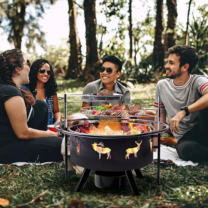 NATURAL EXPRESSIONS 32 Inch Large Fire Pit with 2 Grills, Outdoor Wood Burning Fire Pit with Cooking Grate, Lid, Poker and Round Waterproof Cover for Patio, Ourside, Bonfires, Picnic, Party. by GreenHaven Gardens