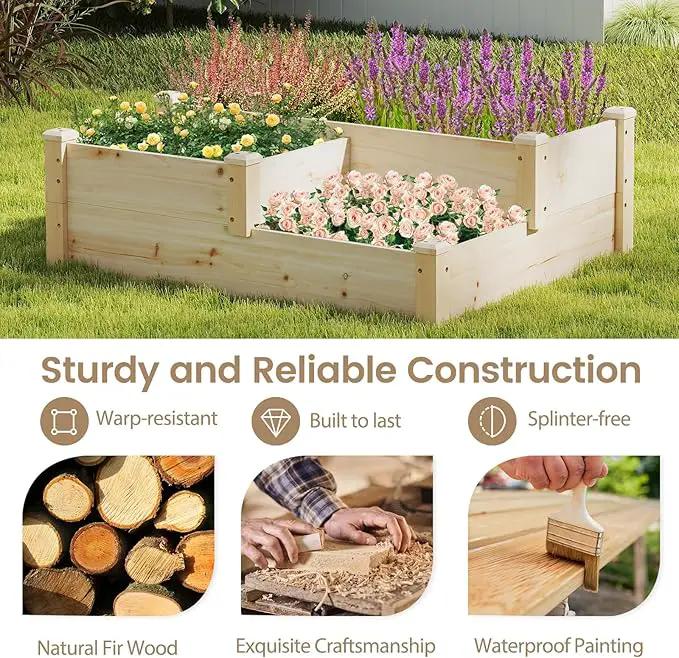 HAPPYGRILL 3-Tier Raised Garden Bed, Wood Elevated Planter Box w/Open-Ended Base, 3 Planting Depths& 2 Arrangement Options for Yard Lawn, Outdoor Planter Raised Beds for Vegetables Herbs Fruits by GreenHaven Gardens