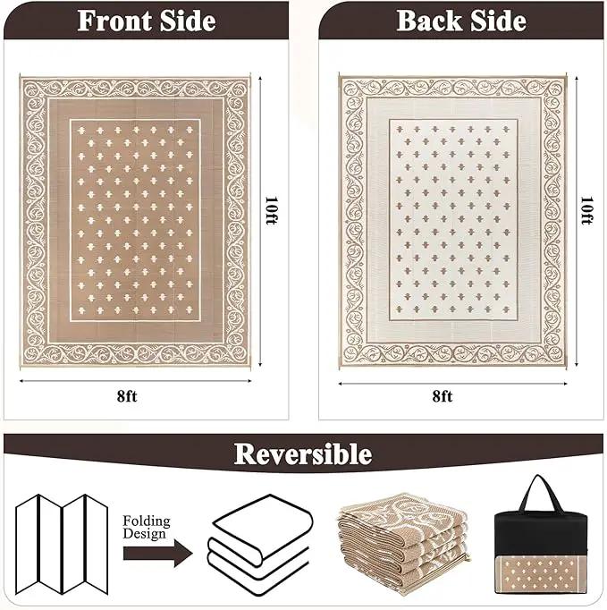 Pauwer Waterproof Outdoor Rug 8x10, Reversible Plastic Straw Patio Camping Rug, Indoor Outdoor RV Mat Carpet for Deck, Camper, Porch, Balcony, Backyard, Picnic, Bordered Beige by GreenHaven Gardens