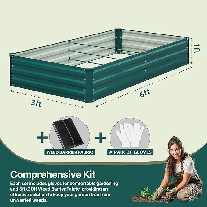 Raised Garden Bed Green, 6x3x1ft Galvanized Raised Garden Beds Outdoor for Vegetables Flowers, Raised Bed Planter Box, Metal Raised Garden Bed Kit with Gloves and 3ftx30ft Weed Barrier Fabric by GreenHaven Gardens