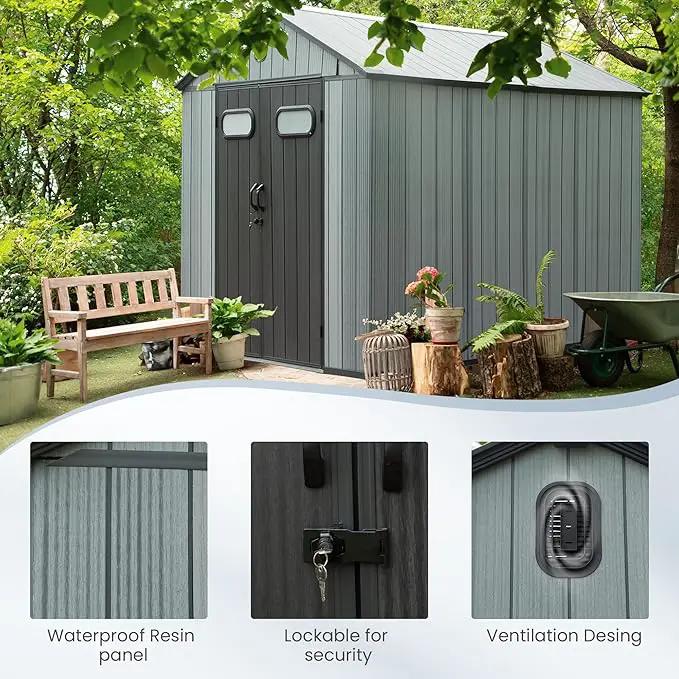 Domi 8x12 FT Outdoor Resin Storage Shed, All-Weather Double-Wall Storage Building for Backyard, Garden, Lawn Tools, Mower, Bike & Pool Equipment, Lockable Doors, Ventilated Roof, Grey by GreenHaven Gardens