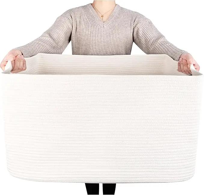 MINTWOOD Design 22in Extra Large Blanket Basket Holder Living Room, Rectangle Rope Woven Storage Basket with Handles for Laundry, Pool Towels, and Shoes, Dog Toy Organizer Bin Box, Creamy White by GreenHaven Gardens