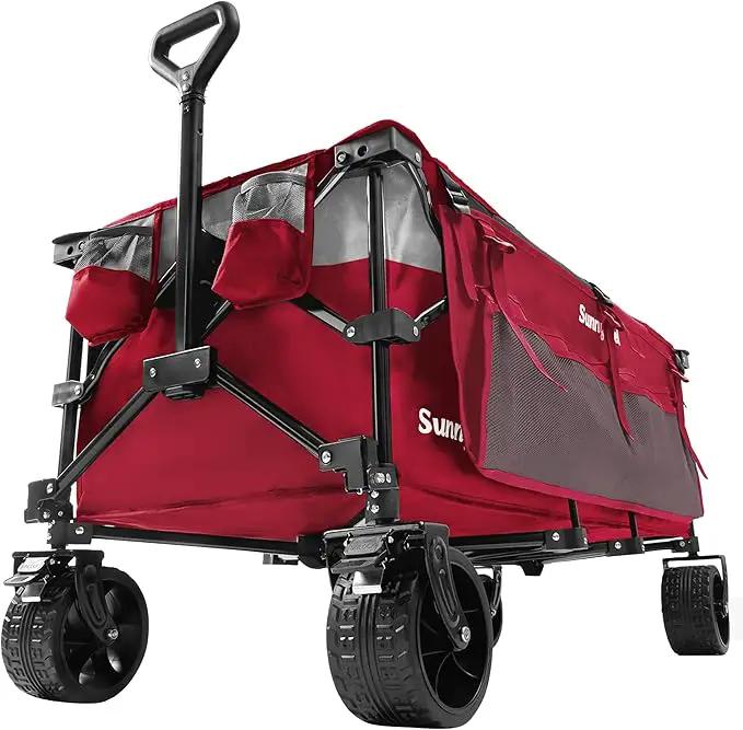 SUNNYFEEL 49''L 550lbs Heavy Duty Wagon Cart Foldable with Wheels,Extra Long Fold Up Wagons Carts with Side Pocket and Brakes for Camping Sports Garden Shopping (Red) by GreenHaven Gardens