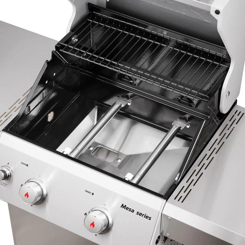 Monument Grills 2-Burner Stainless Steel Liquid Propane Gas Grill, Two Foldable Shelves Patio Garden Barbecue Grill with Clearview® Lid, Knob Control, Mesa200S with BBQ Cover by GreenHaven Gardens