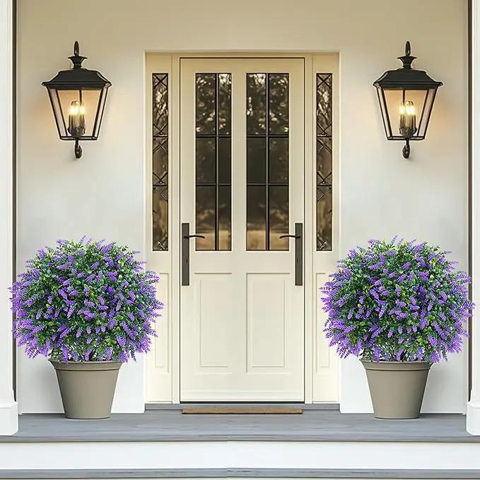 Artificial Boxwood Topiary Ball with Lavender, Set of 2 Artificial Shrub Bushes with Ground Spike, Fake Evergreen Tree for Porch, Artificial Plants for Outdoor Planters Indoor UV Resistant by GreenHaven Gardens