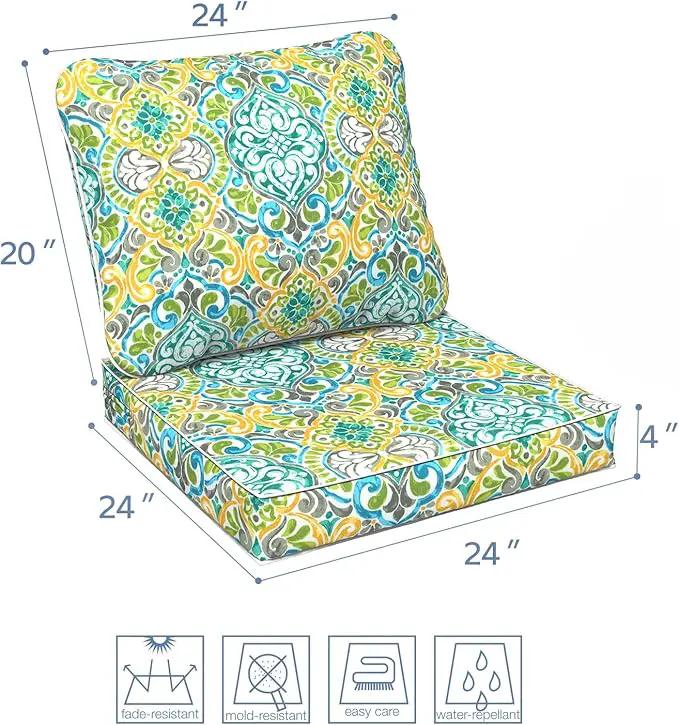 LVTXIII Outdoor Deep Seat Cushion Patio Seat and Back Cushion Set Seasonal Chair Cushion for Dining Arm Chairs, Wicker Chairs and Garden Furniture Decoration, 24"x24"x4", Damask Green by GreenHaven Gardens
