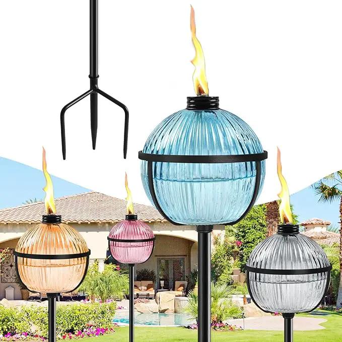 Citronella Torches Set of 4, 16 oz Glass Garden Torches for Outside, 3-Prong Grounded Stake Outdoor Torches, 58.6 inch Outdoor Torch for Yard, Patio, Deck, Party by GreenHaven Gardens