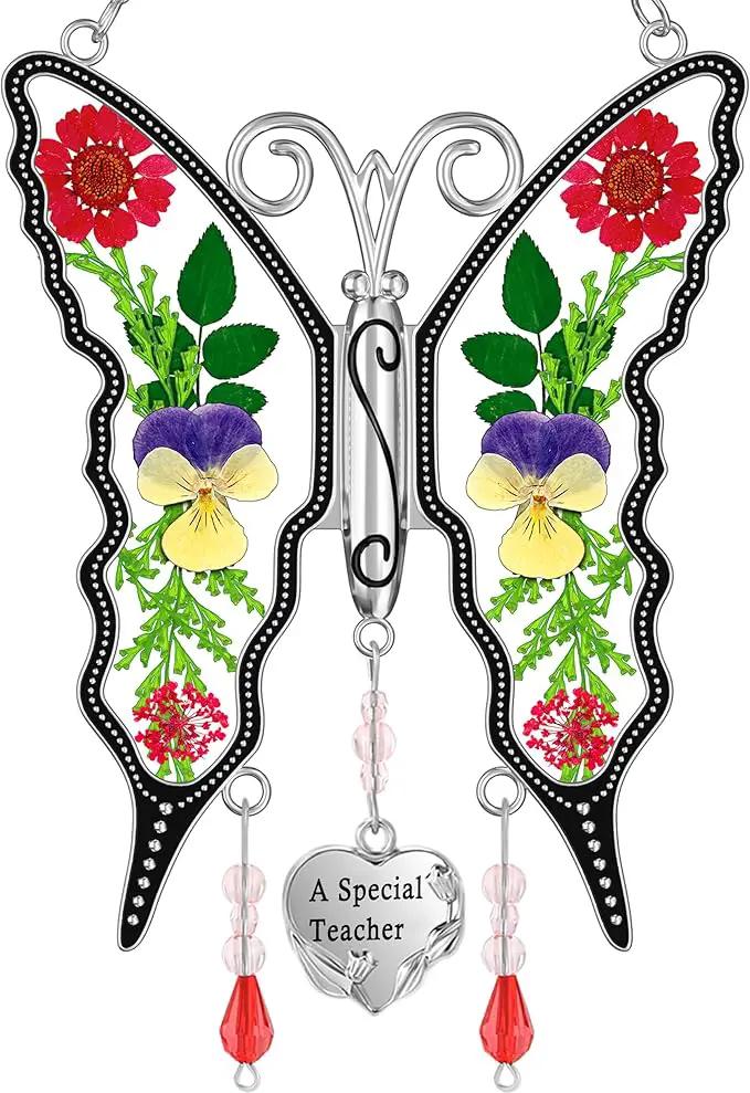 KY&BOSAM Butterfly Suncatcher A Special Teacher Stain Glass Suncatchers for Window Hanging Wind Chime with Pressed Flower Wings in Glass and Heart Charm Birthday Gift for Teacher`s Mother`s Day Gifts by GreenHaven Gardens