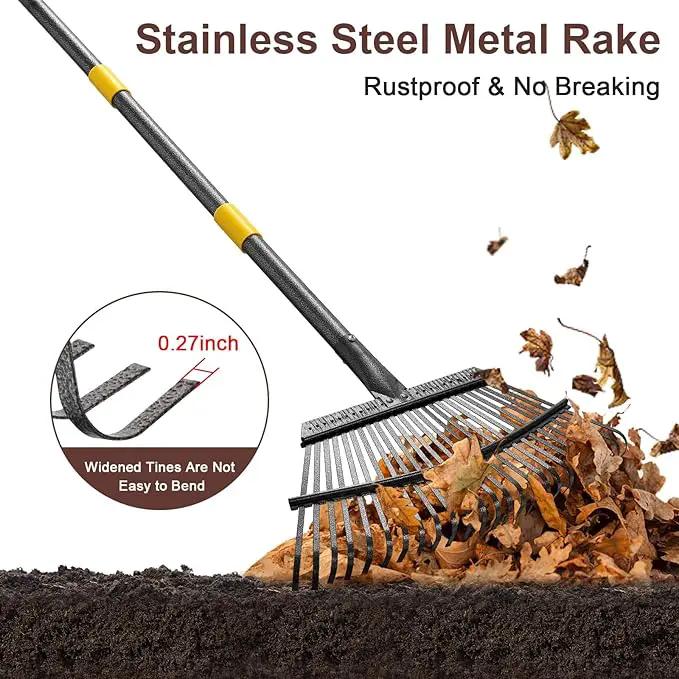Metal Garden Rake, 5FT Rake for Leaves Lawns, 25 Metal Tines 18 inch Wide with Adjustable Handle Heavy Duty Yard Leaf Rakes for Gardening by GreenHaven Gardens